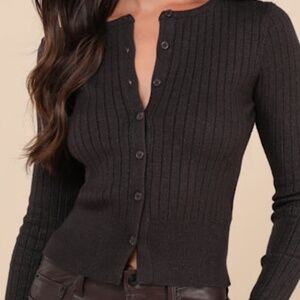 Lulus Perfect Classic Charcoal Ribbed Knit Cardigan Sweater Grey - Size L